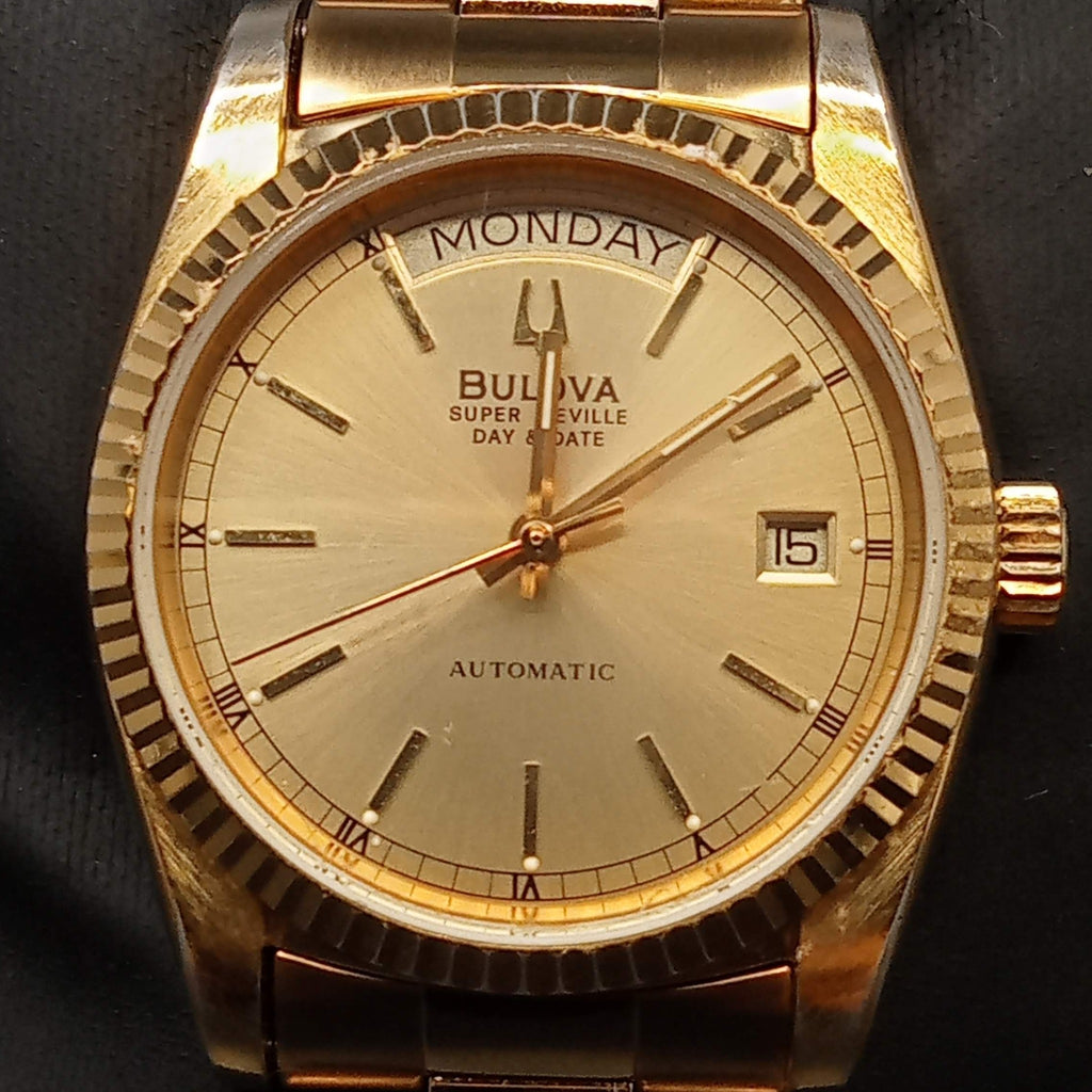 Birthday Watch 1980! Bulova Super Seville Day Date Fluted Model 4414101 Gold Plated 17J Automatic Watch (OH)