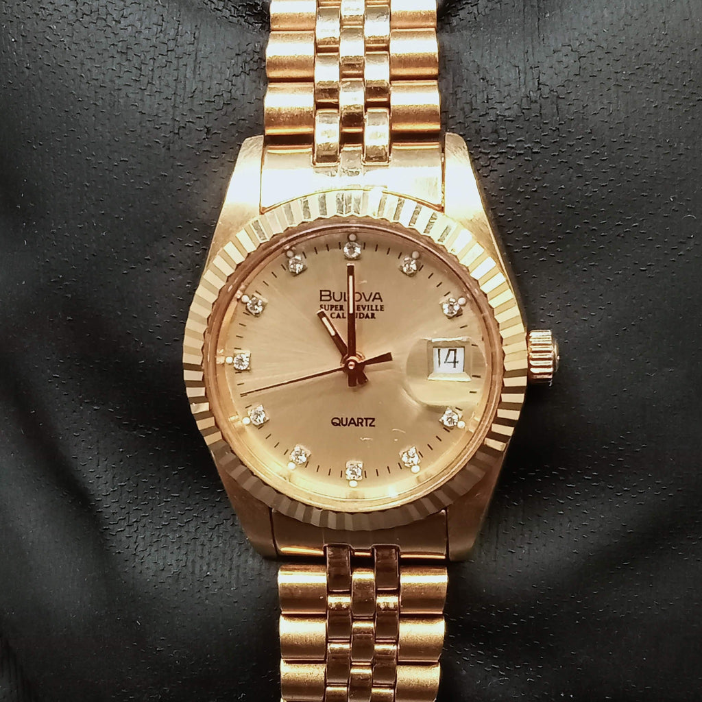 Birthday Watch 1991! Bulova Super Seville Calendar Lady Model 9104105 Gold Plated Quartz (OH)