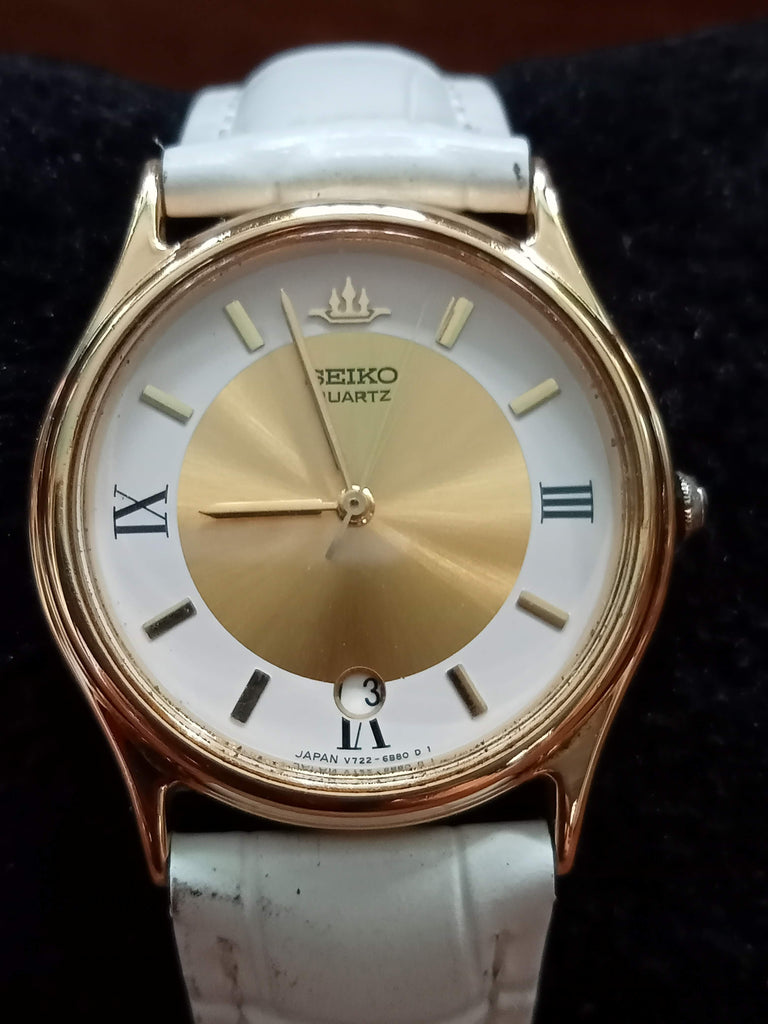 Birthday Watch August 2003 Seiko Galaxy Quartz V722-6B20 Gold / White Dial Gold Case (OH)