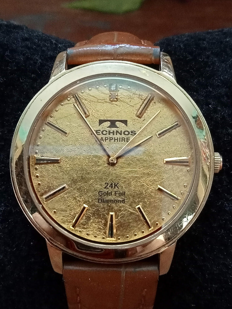 Circa 1990s Limited Edition Technos Sapphire T1031 24K Dial with Diamonds Quartz Watch (OH)