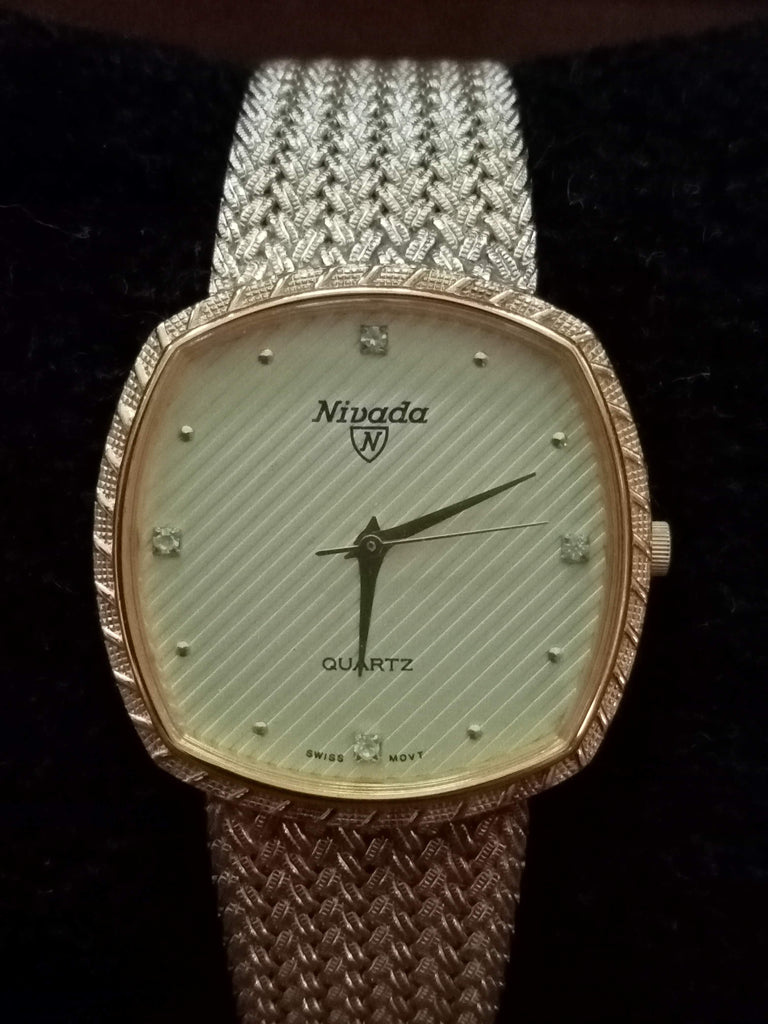 Collectible! 1970s Nivada Grenchen Ref 21724 Gold Case & Bracelet Quartz (OH)