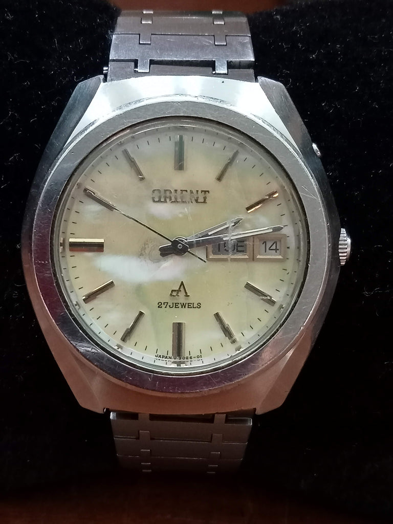 Rare! Orient 429-25960 CA-Chrono Ace 27J Mexican Yellow Seashell Dial Cut Glass Automatic Watch (FS)