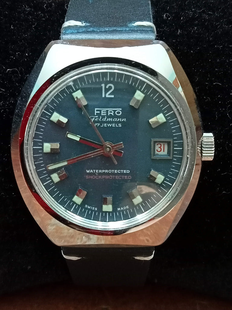 Collectible! Circa 1960s Fero Feldman Navy Blue Dial 17J Mechanical Watch (FS)