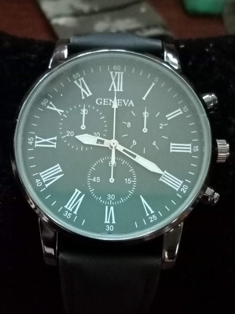 Geneve Black Dial Quartz Watch with Black Leather Strap