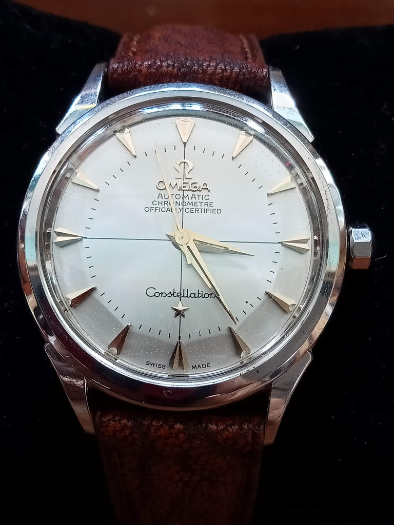 Rare! Birthday Watch 1956! Omega Constellation Chronometer Ref 2852-8SC Pie Pan Crosshair Gold Arrow Indices Automatic Watch (OH)