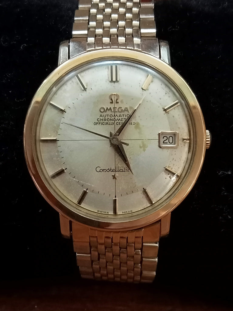 Birthday Watch 1963! Omega Constellation Chronometer 14K Gold Capped Ref 168.004-62 Pie Pan Crosshair Gold Arrow Indices Automatic Watch (OH)