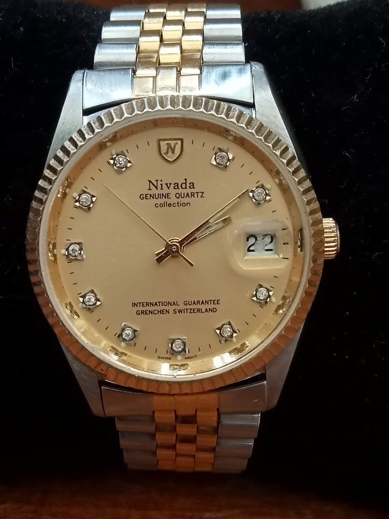 FAST DEAL! Collectible! 1970s Nivada Grenchen Perpetual N-90072 Gold Dial Jewelled Indices Gold Fluted Bezel Silver Case Quartz (FS)