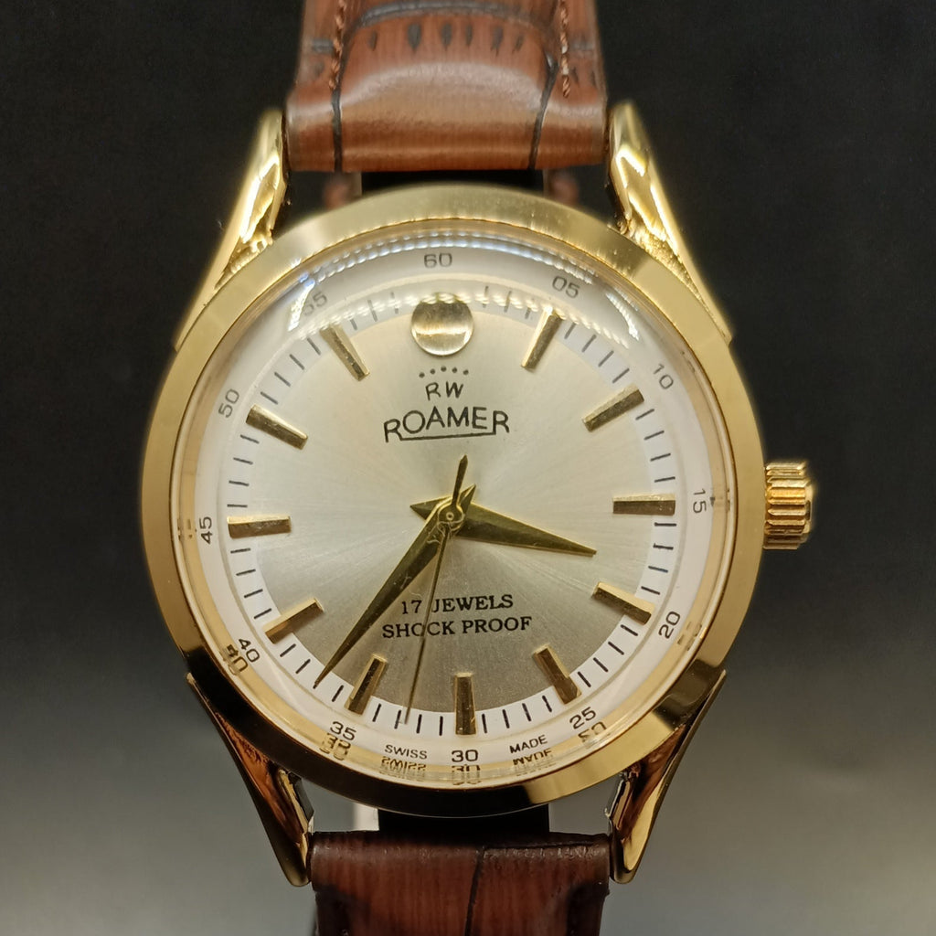 Restored! Collectible! Circa 1950s Roamer Cal MST 802 17J White Dial 18K Gold Plated Case