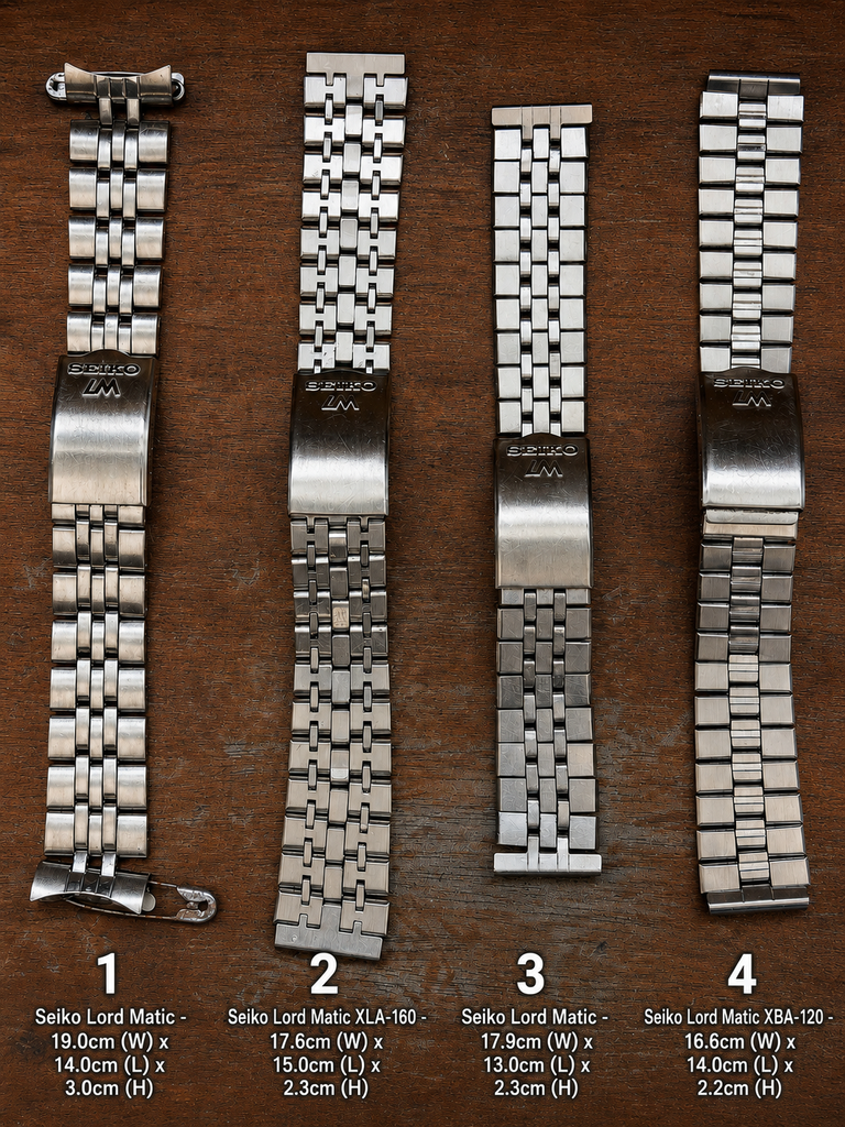 Seiko Lord Matic 17mm, 18mm and 19mm Width Curved + Straight End SS Complete Bracelet (66)