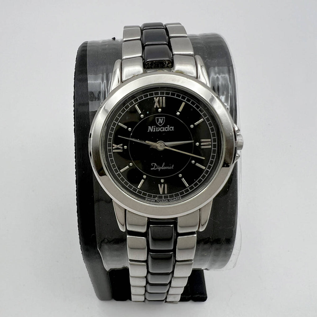 Collectible! 1970s Nivada Grenchen Diplomat Ref LZ-9229-L Black Dial & Silver Case & Bracelet Quartz (FS)